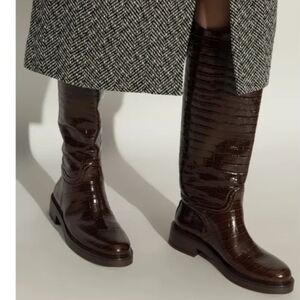 Stuart Weitzman Dark Brown Croc-Embossed Heeled Boots